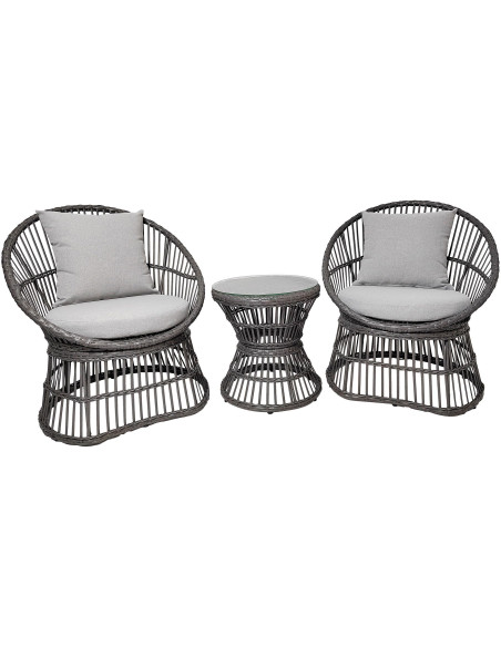 Salon de jardin moderne 2 Fauteuils 1 Table basse Rotin synthétique Métal Tissu Gris Natal - 1