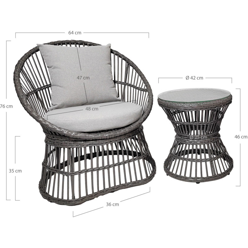 Salon de jardin moderne 2 Fauteuils 1 Table basse Rotin synthétique Métal Tissu Gris Natal - 3