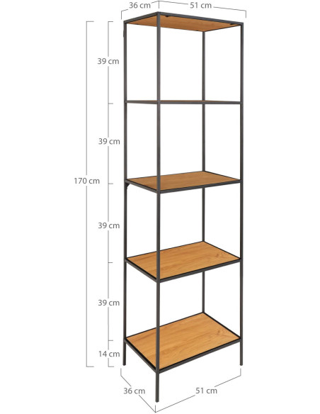 Étagère moderne 5 niveaux Métal Noir Panneau de particules Feuille de mélamine Naturel Effet chêne Vita - 6