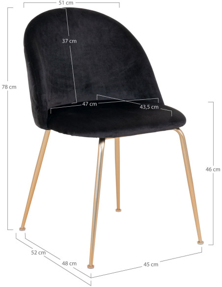 Chaise moderne arrondie Velours Noir Métal Doré Effet laiton Geneve (Lot de 2) - 5