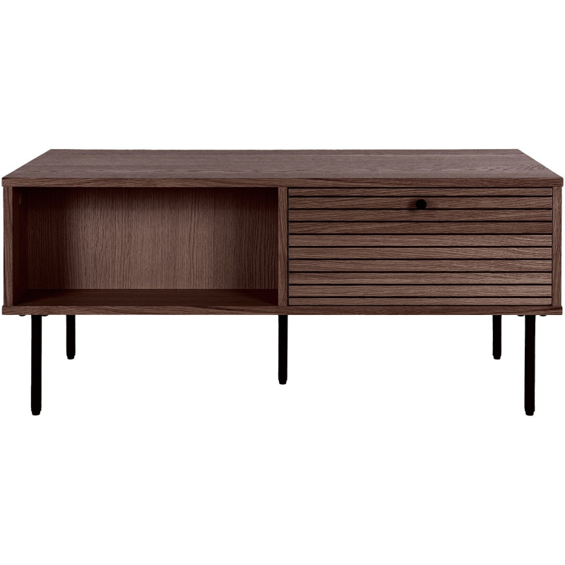 Table basse moderne Rectangulaire 2 tiroirs 2 niches Bois MDF Marron Effet chêne fumé Feuille de mélamine Métal Noir Kyoto - 2