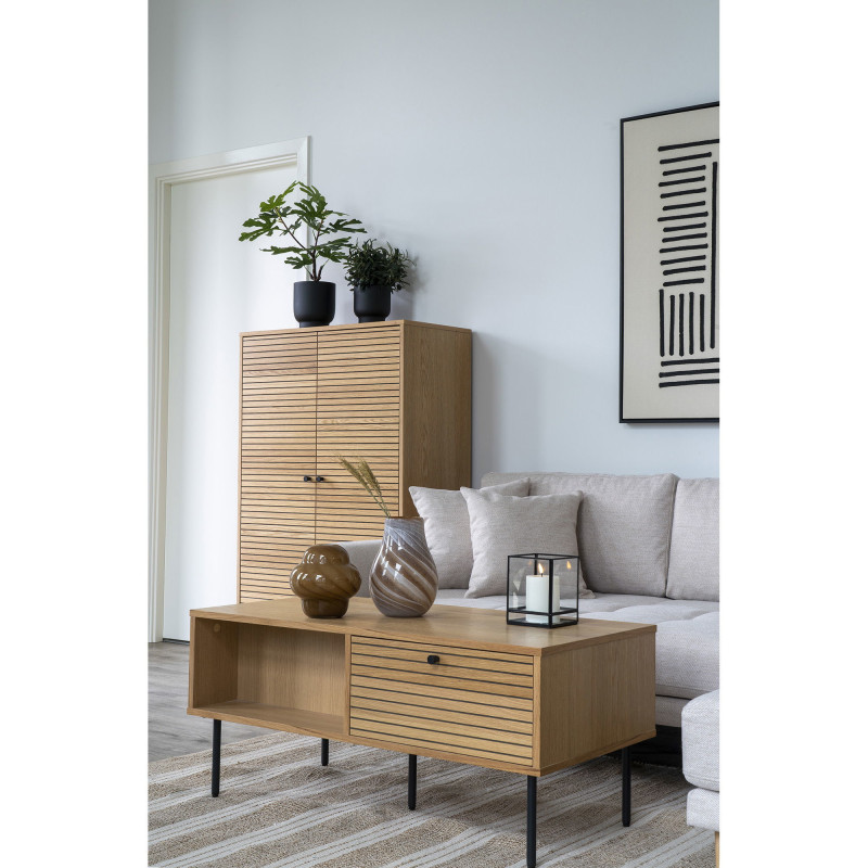 Table basse moderne Rectangulaire 2 tiroirs 2 niches Bois MDF Naturel Effet chêne Feuille de mélamine Métal Noir Kyoto - 2