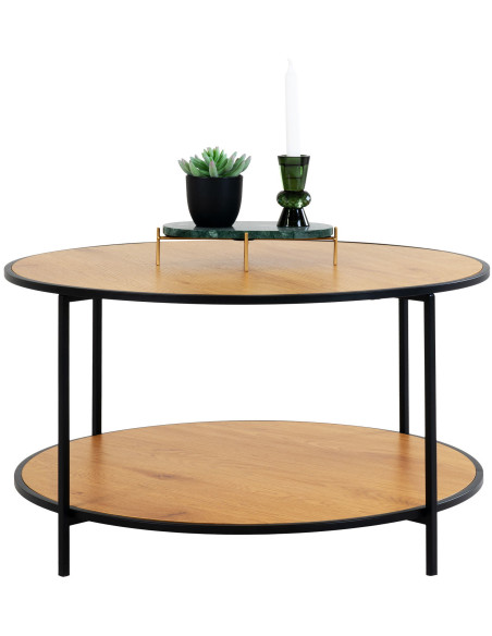 Table basse moderne Ronde 1 étagère Métal Noir Panneau de particules Feuille de mélamine Naturel Effet chêne Vita - 4