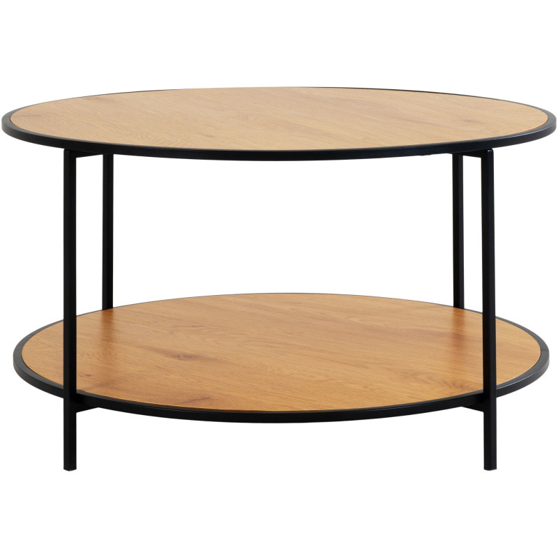 Table basse moderne Ronde 1 étagère Métal Noir Panneau de particules Feuille de mélamine Naturel Effet chêne Vita - 1