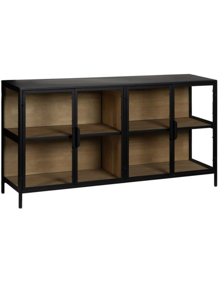 Buffet Vitrine industriel chic Bas 4 portes en Verre Transparent Métal Noir Bois MDF Naturel Barbate - 1