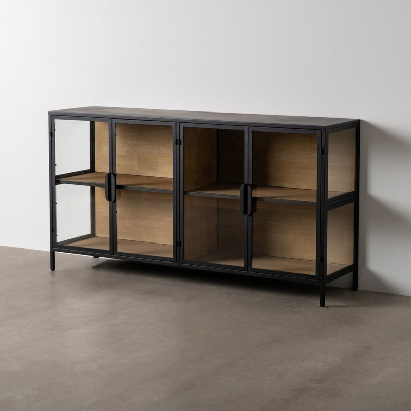 Buffet Vitrine industriel chic Bas 4 portes en Verre Transparent Métal Noir Bois MDF Naturel Barbate - 2