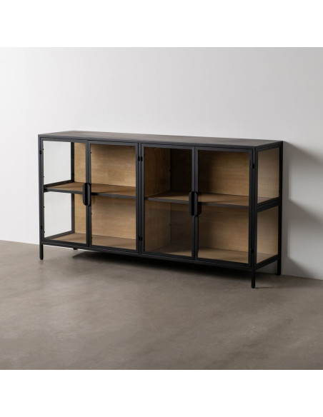 Buffet Vitrine industriel chic Bas 4 portes en Verre Transparent Métal Noir Bois MDF Naturel Barbate - 2