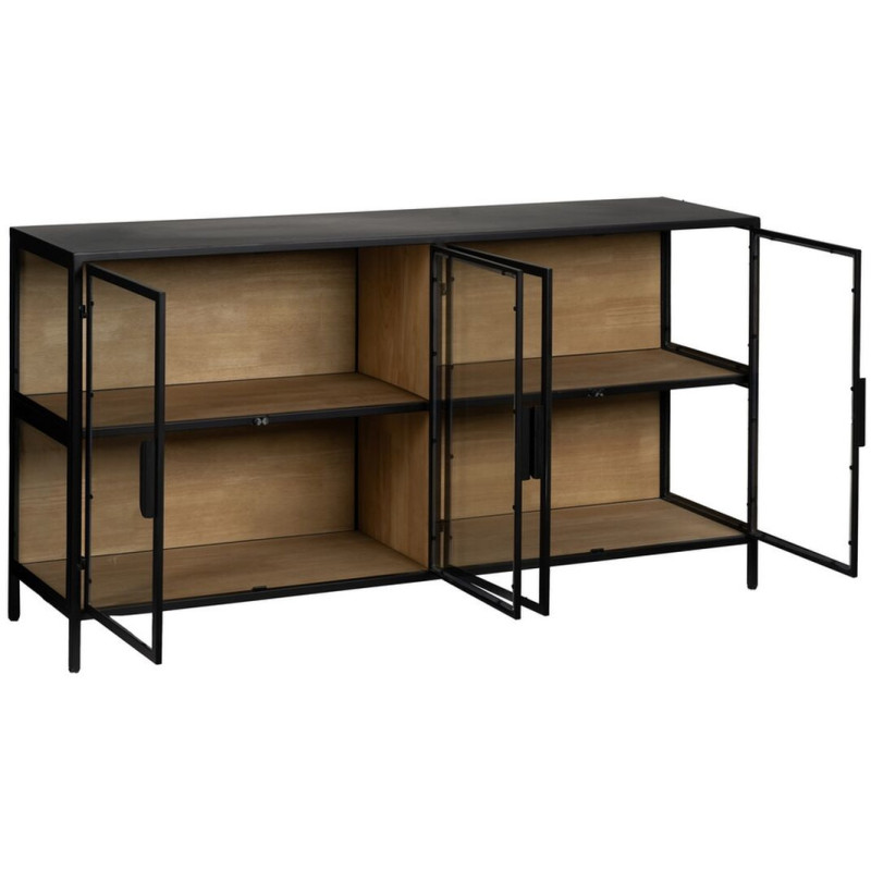 Buffet Vitrine industriel chic Bas 4 portes en Verre Transparent Métal Noir Bois MDF Naturel Barbate - 3