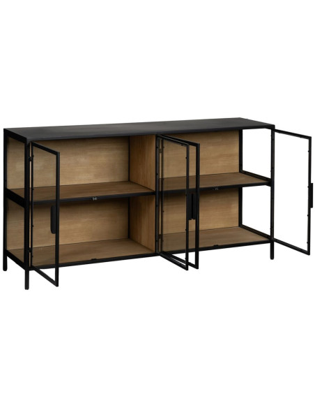 Buffet Vitrine industriel chic Bas 4 portes en Verre Transparent Métal Noir Bois MDF Naturel Barbate - 3