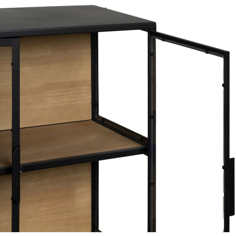 Buffet Vitrine industriel chic Bas 4 portes en Verre Transparent Métal Noir Bois MDF Naturel Barbate - 5