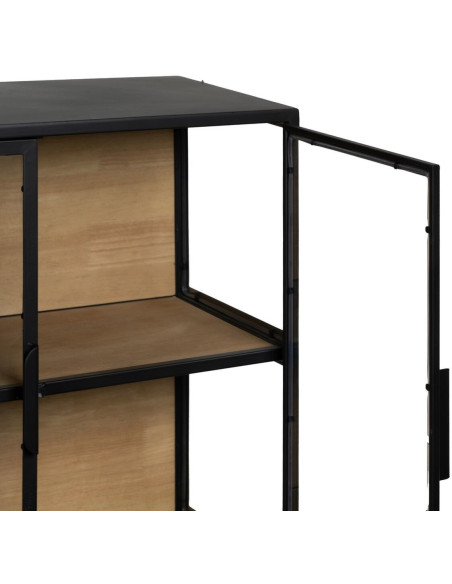 Buffet Vitrine industriel chic Bas 4 portes en Verre Transparent Métal Noir Bois MDF Naturel Barbate - 5