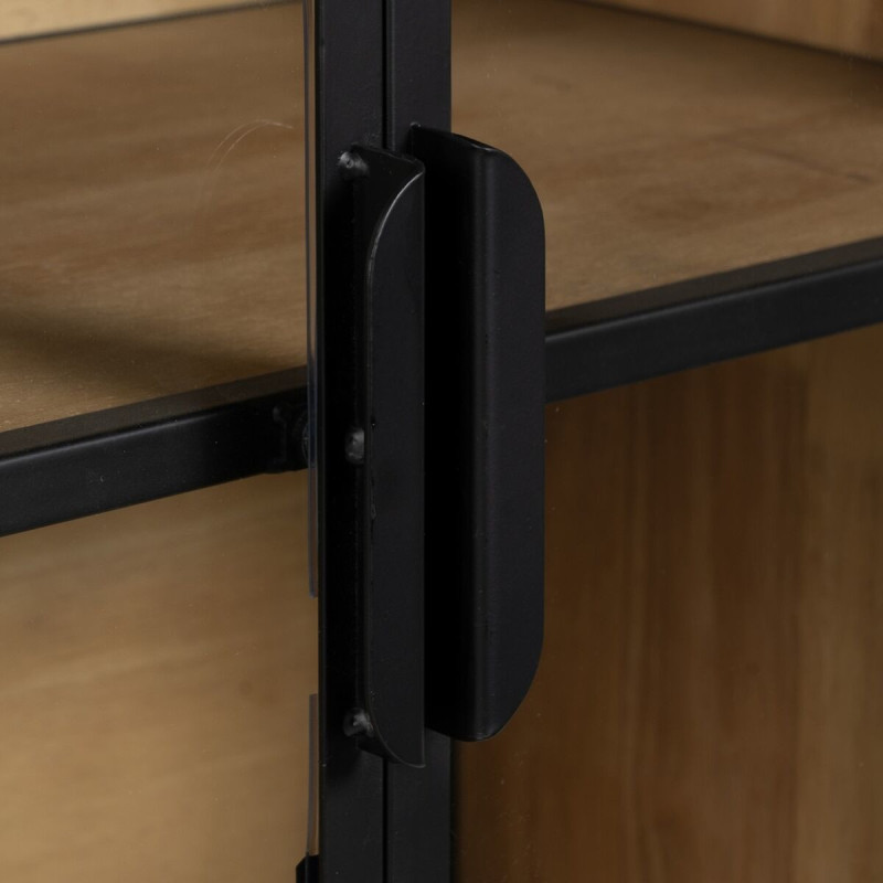 Buffet Vitrine industriel chic Bas 4 portes en Verre Transparent Métal Noir Bois MDF Naturel Barbate - 7