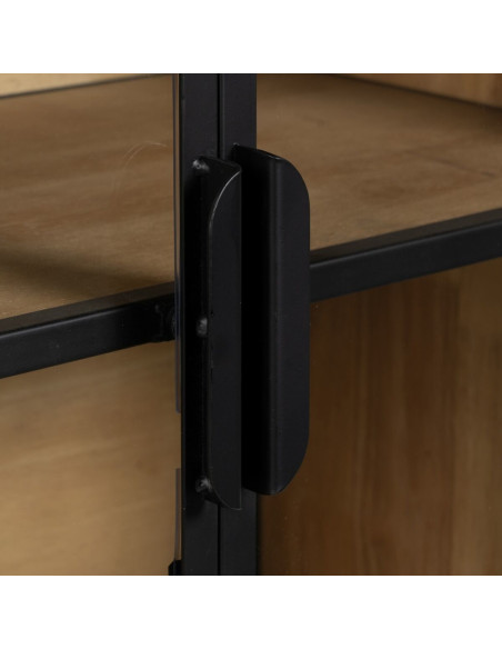 Buffet Vitrine industriel chic Bas 4 portes en Verre Transparent Métal Noir Bois MDF Naturel Barbate - 7