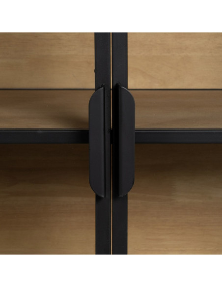 Buffet Vitrine industriel chic Bas 4 portes en Verre Transparent Métal Noir Bois MDF Naturel Barbate - 8