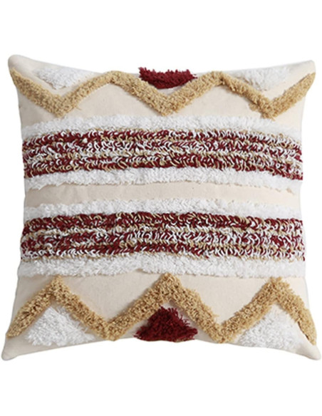 Housse de coussin Carrée 45x45 en Polyester Beige Taupe Bordeaux Motif zigzags et traits Bear  - 1