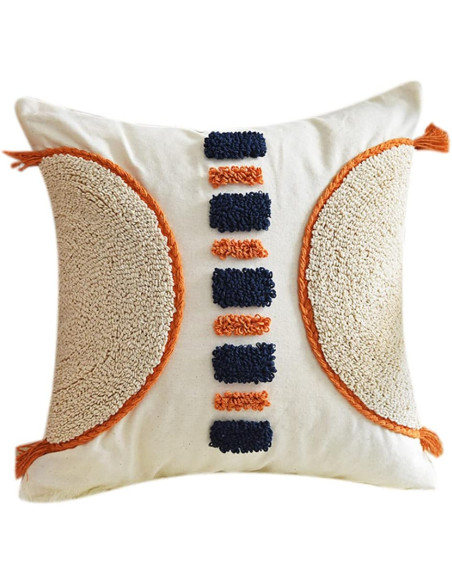Housse de coussin Carrée 45x45 en Polyester Beige Noir Terracotta Motif demi-lunes et traits Brody  - 1