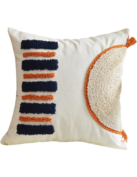 Housse de coussin Carrée 45x45 en Polyester Beige Noir Terracotta Motif demi-lune et traits Ezra  - 1
