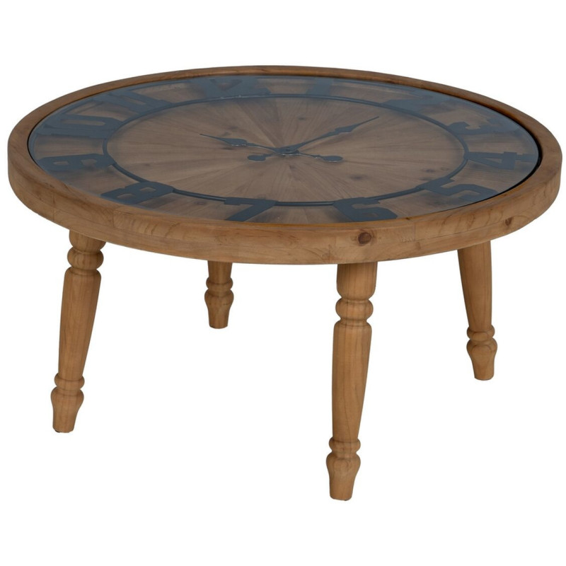 Table basse originale Horloge Ronde en Bois de sapin Naturel Métal Noir Mivora - 1