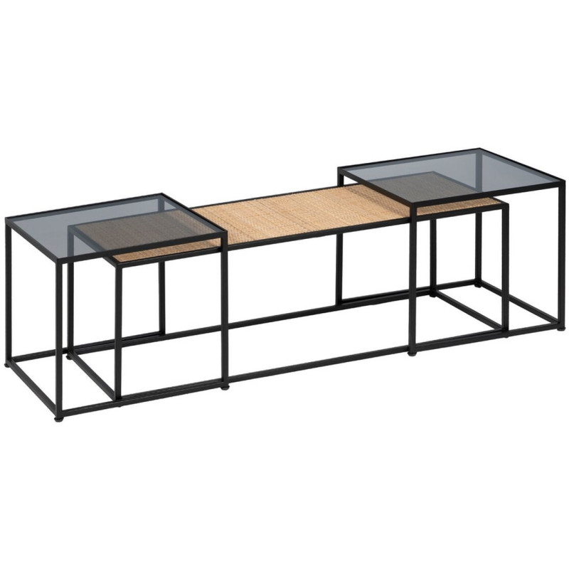 Table basse moderne Gigogne Rectangulaire en Rotin Naturel Métal Noir Verre Transparent Raviel - 1