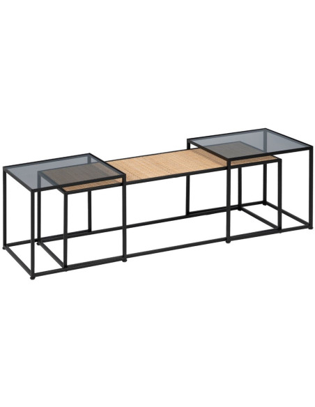 Table basse moderne Gigogne Rectangulaire en Rotin Naturel Métal Noir Verre Transparent Raviel - 1