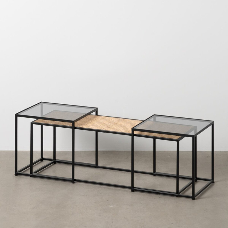 Table basse moderne Gigogne Rectangulaire en Rotin Naturel Métal Noir Verre Transparent Raviel - 2