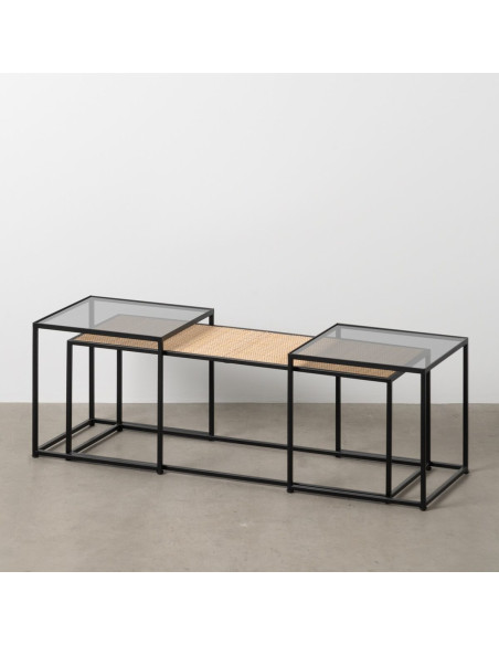 Table basse moderne Gigogne Rectangulaire en Rotin Naturel Métal Noir Verre Transparent Raviel - 2