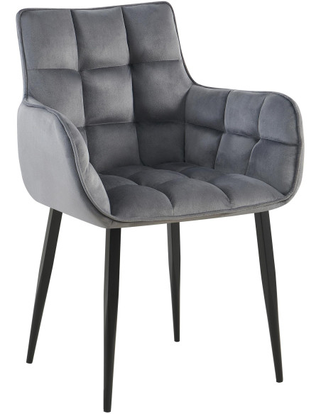 Fauteuil de table capitonné moderne en Velours Gris foncé Métal Noir Mat Huesca - 1