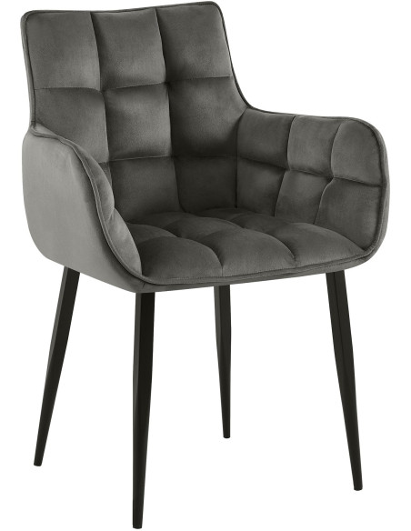 Fauteuil de table capitonné moderne en Velours Anthracite Métal Noir Mat Huesca - 1