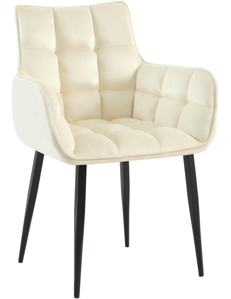 Fauteuil de table capitonné moderne en Velours Blanc crème Métal Noir Mat Huesca - 1
