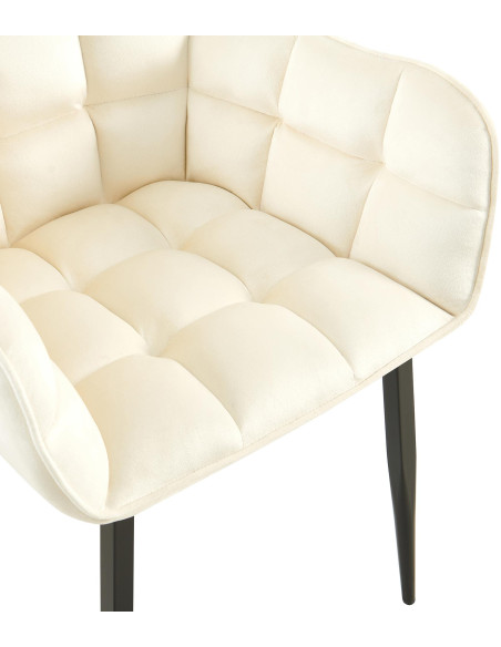 Fauteuil de table capitonné moderne en Velours Blanc crème Métal Noir Mat Huesca - 2