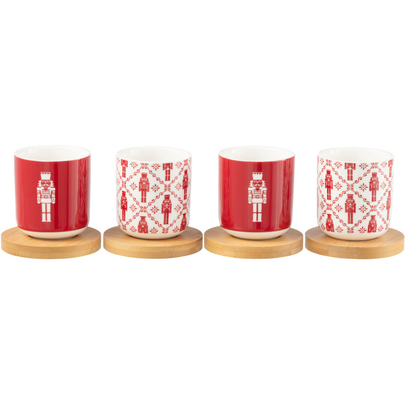 Coffret 4 Tasses à café 100 ml en Céramique Rouge Blanc Bambou Naturel Motif casse noisette Elyrian - 1
