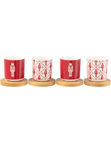Coffret 4 Tasses à café 100 ml en Céramique Rouge Blanc Bambou Naturel Motif casse noisette Elyrian - 1