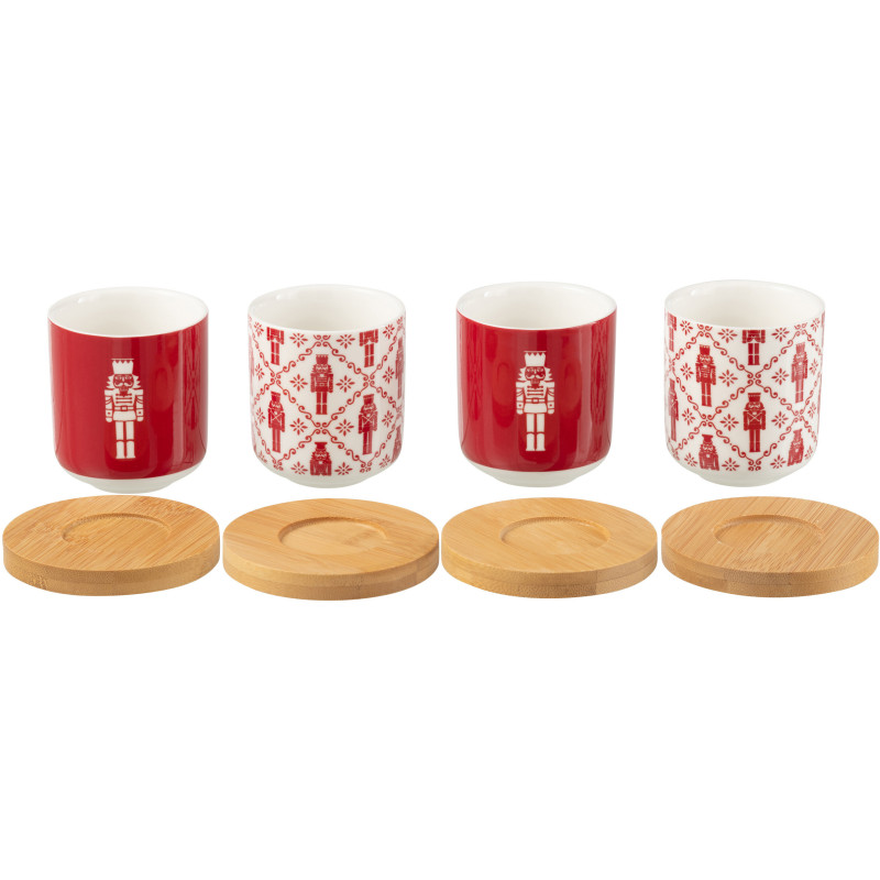 Coffret 4 Tasses à café 100 ml en Céramique Rouge Blanc Bambou Naturel Motif casse noisette Elyrian - 2