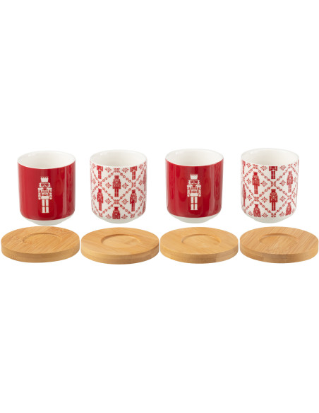 Coffret 4 Tasses à café 100 ml en Céramique Rouge Blanc Bambou Naturel Motif casse noisette Elyrian - 2