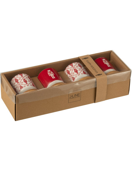 Coffret 4 Tasses à café 100 ml en Céramique Rouge Blanc Bambou Naturel Motif casse noisette Elyrian - 3