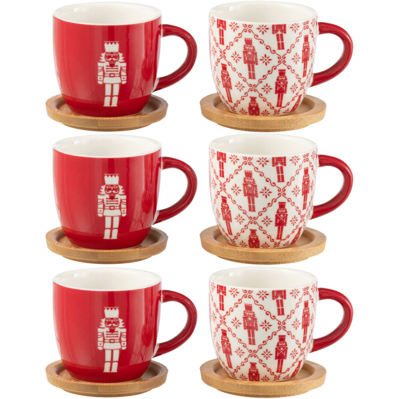 Coffret 6 Tasses à espresso 90 ml en Céramique Rouge Blanc Bambou Naturel Motif casse noisette Elyrian - 1