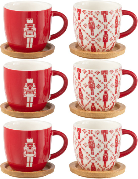 Coffret 6 Tasses à espresso 90 ml en Céramique Rouge Blanc Bambou Naturel Motif casse noisette Elyrian - 1