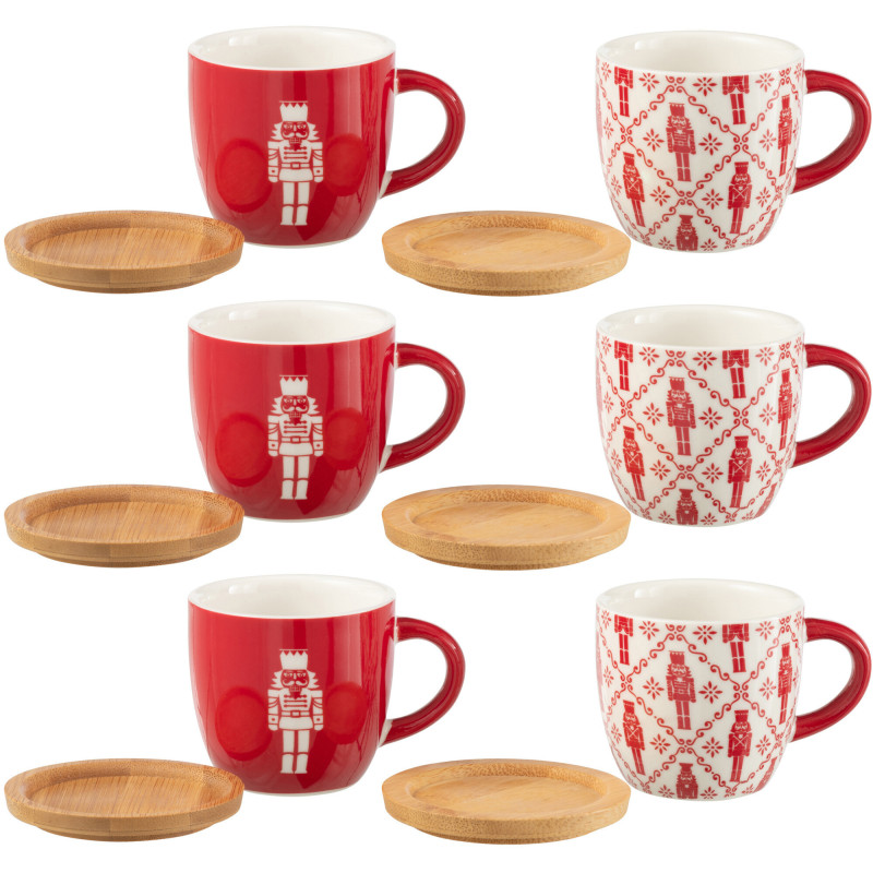 Coffret 6 Tasses à espresso 90 ml en Céramique Rouge Blanc Bambou Naturel Motif casse noisette Elyrian - 2