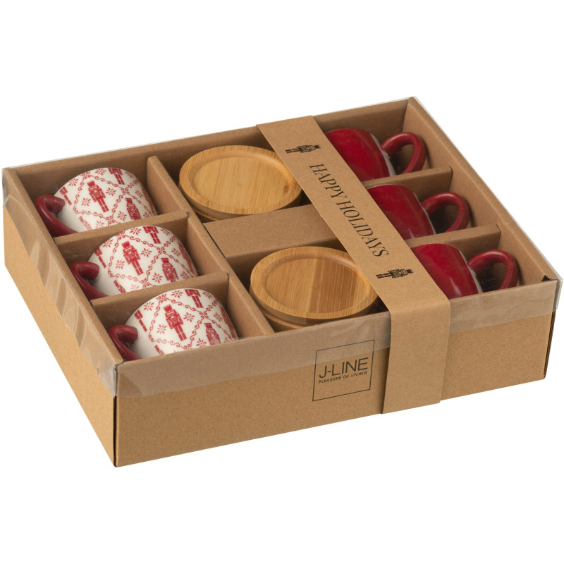 Coffret 6 Tasses à espresso 90 ml en Céramique Rouge Blanc Bambou Naturel Motif casse noisette Elyrian - 3