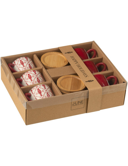Coffret 6 Tasses à espresso 90 ml en Céramique Rouge Blanc Bambou Naturel Motif casse noisette Elyrian - 3