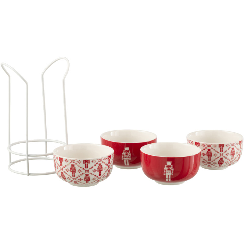 Coffret 4 Bols avec rangement en Céramique Rouge Blanc Motif casse noisette Elyrian - 1