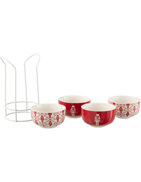 Coffret 4 Bols avec rangement en Céramique Rouge Blanc Motif casse noisette Elyrian - 1