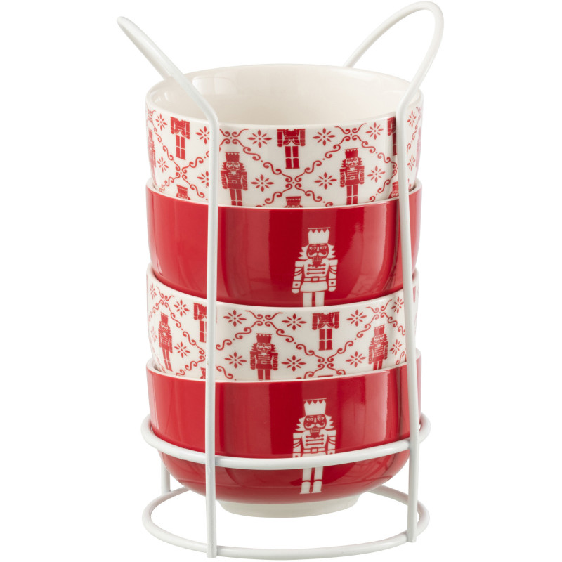 Coffret 4 Bols avec rangement en Céramique Rouge Blanc Motif casse noisette Elyrian - 3
