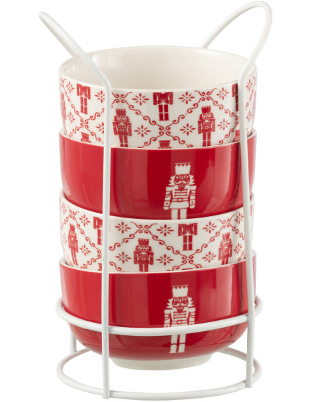 Coffret 4 Bols avec rangement en Céramique Rouge Blanc Motif casse noisette Elyrian - 3