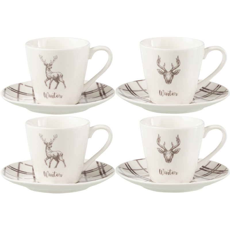 Coffret 4 Tasses à thé 220 ml en Céramique Blanc Marron Motif Cerf Valicor - 1