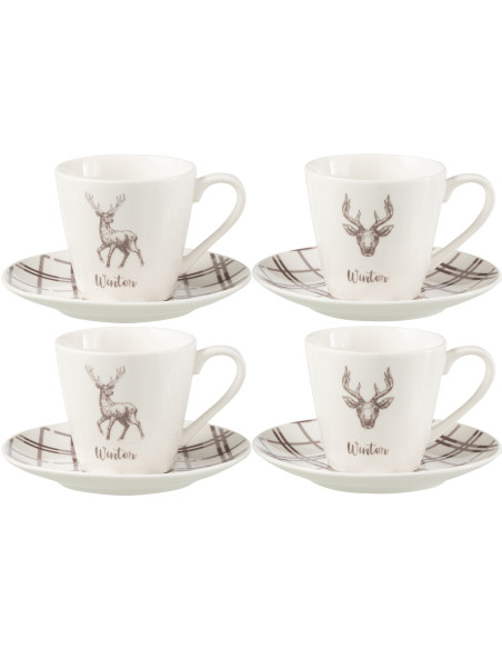 Coffret 4 Tasses à thé 220 ml en Céramique Blanc Marron Motif Cerf Valicor - 1