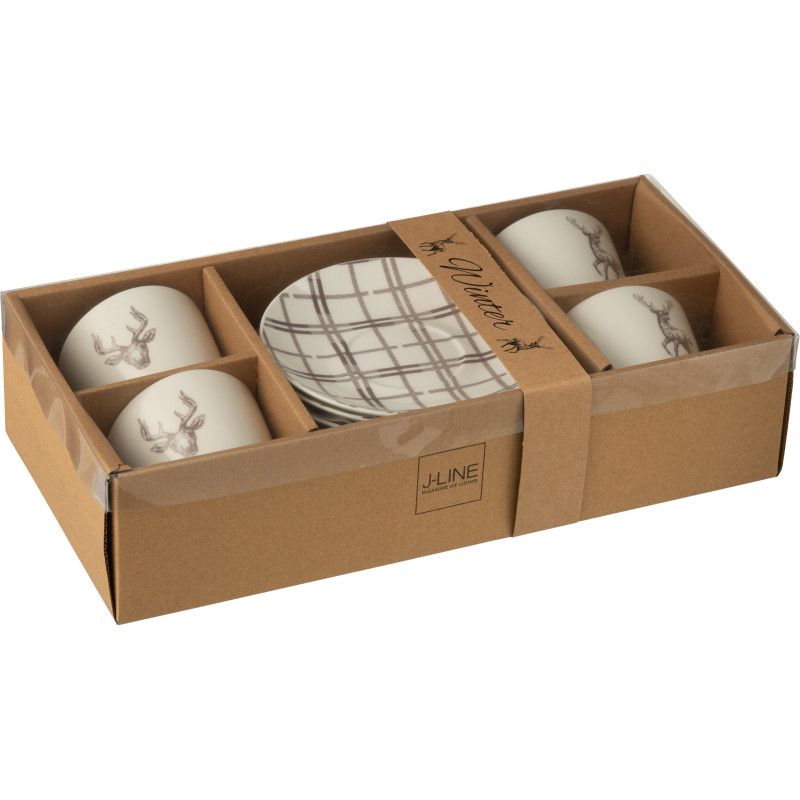 Coffret 4 Tasses à thé 220 ml en Céramique Blanc Marron Motif Cerf Valicor - 4