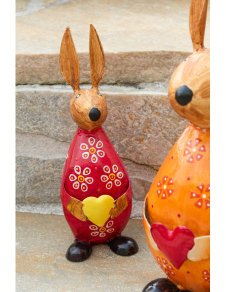 Statues déco originales Lapins Coeurs Hauteur 26 cm en Métal Rouge Jaune Orange Quinelle (Lot de 3) - 2