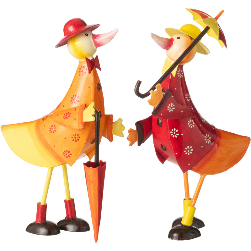 Grandes Statues déco originales Canards Parapluies Hauteur 30 cm en Métal Jaune Orange Rouge Zéphira (Lot de 2) - 1