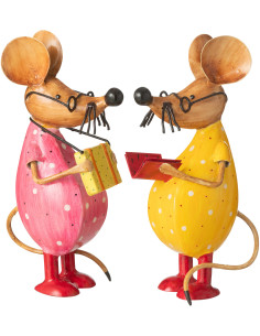 Grandes Statues déco originales Souris Lunettes Hauteur 30 cm en Métal Rose Jaune Rouge Griselle (Lot de 2) - 1